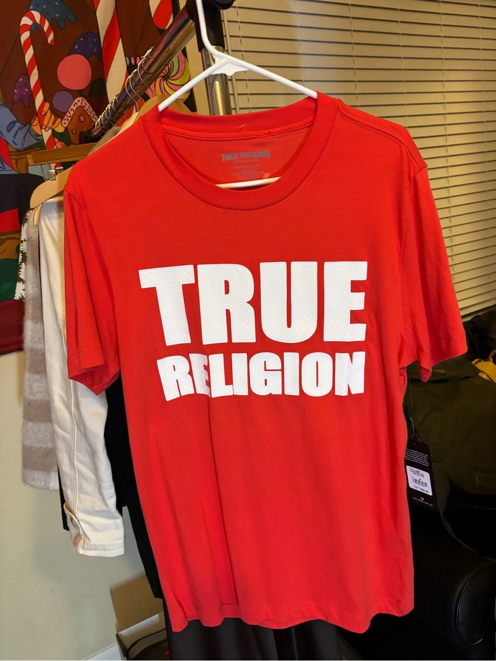 True Religion Men's Red Tee with Bold White Logo